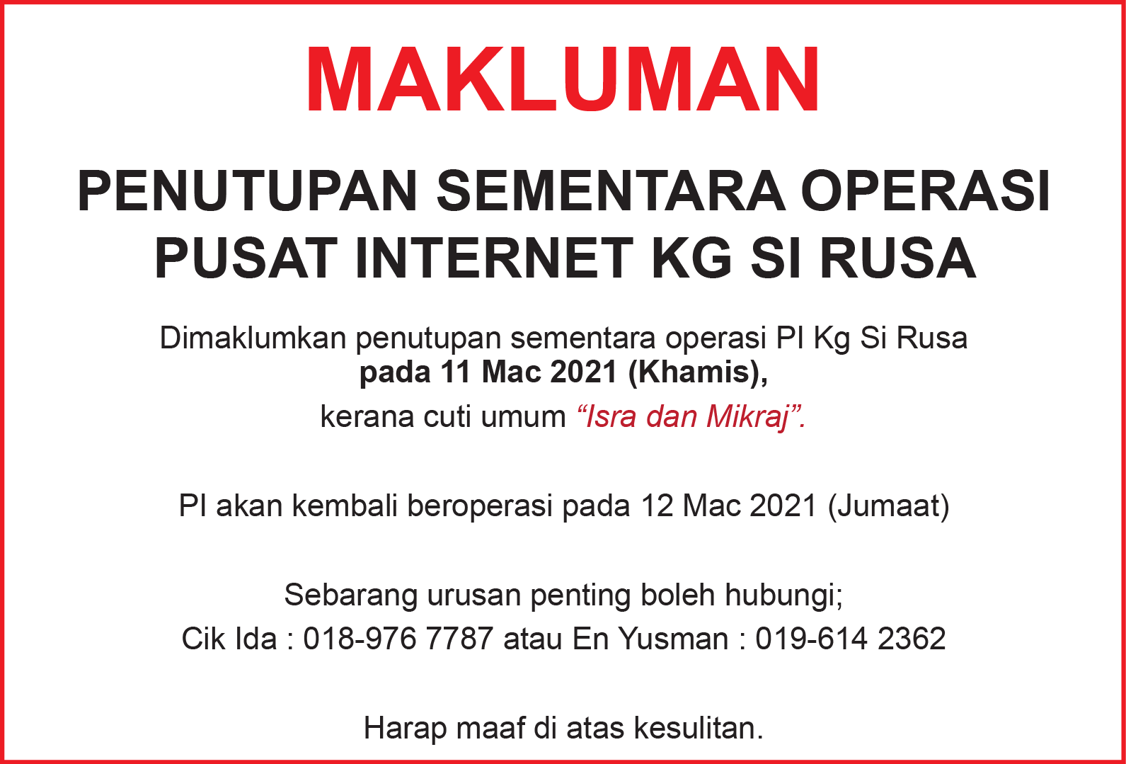 Notis penutupan Israk mikaj 2021